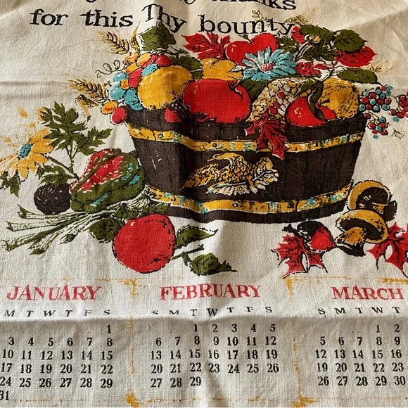 Vtg Tea Towel Calendar Owls In Tree Give Thanks Fruits Flowers Mushrooms - Picture 3 of 9